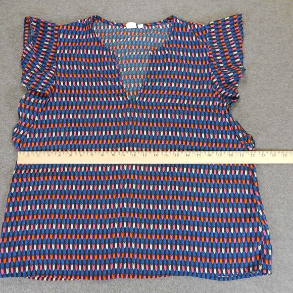 Gap Womens Shirt Large Blue Pink VNeck Flowy Geometric Lightweight Ruffle Sleeve - Picture 2 of 8